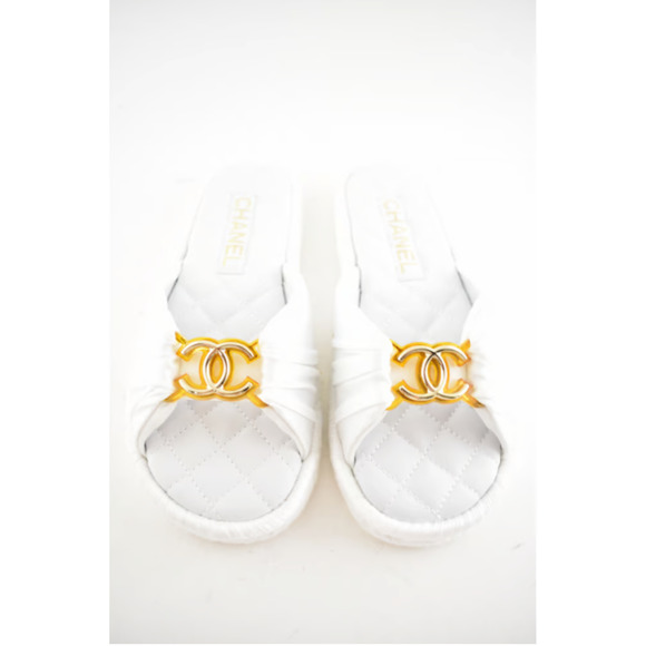 Chanel 20S White Coco Beach Gold CC Logo Slide Espadrille Sandal Mule Flat 36 - Picture 5 of 12